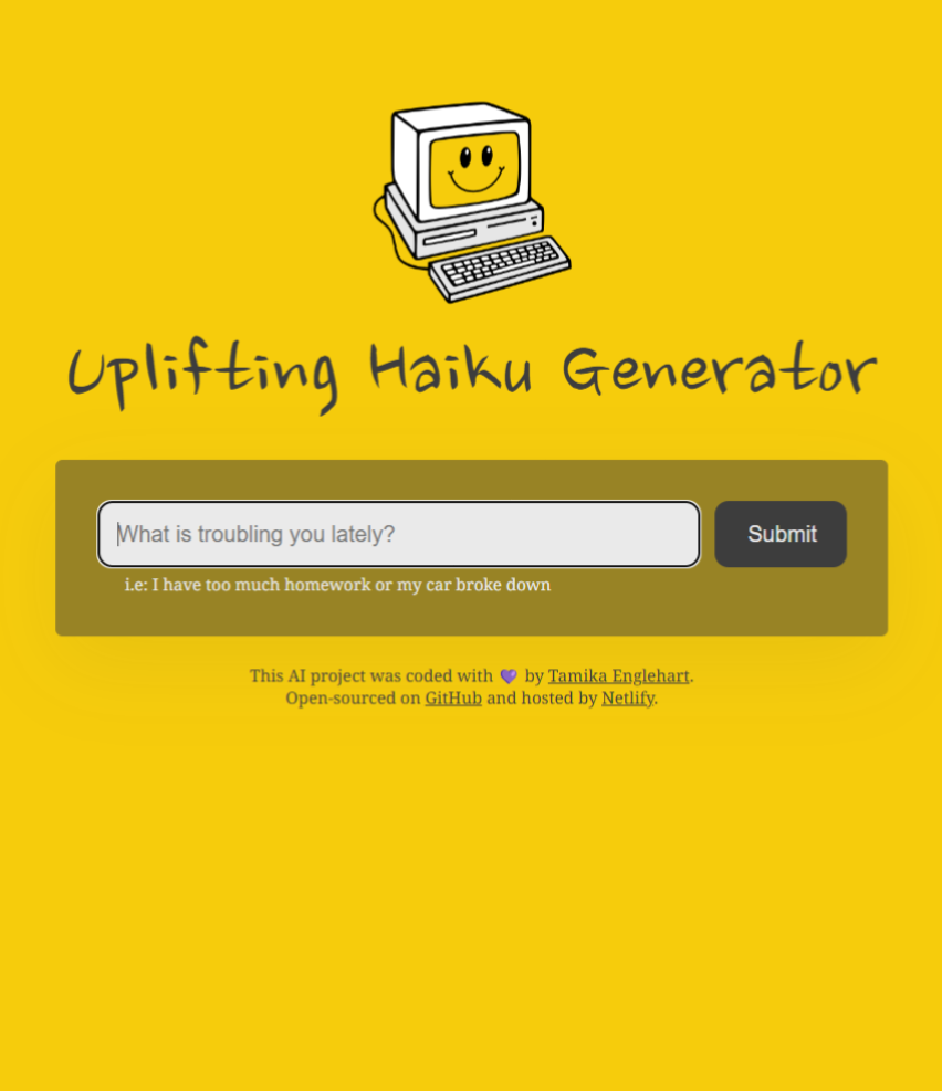 Preview image of Tamika's Uplifting Haiku Generator project.